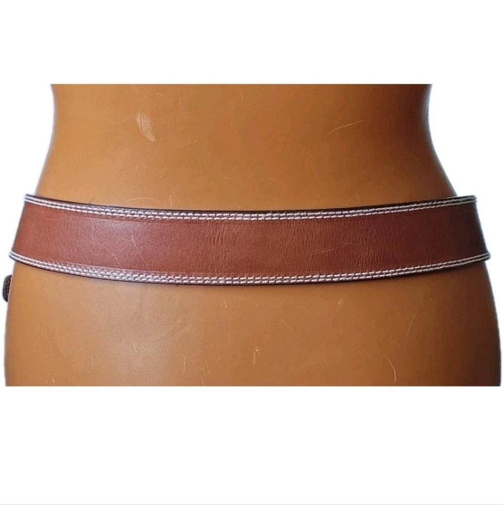 Michael Kors Brown Leather Belt Woman Med 31-34 Gold Buckle Preppy Western Boho - Picture 2 of 13